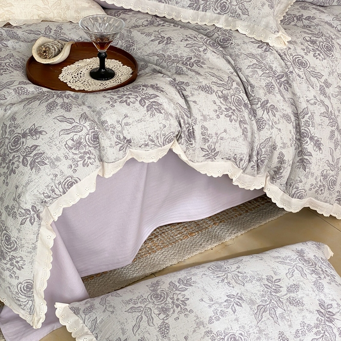 91家纺网 家纺一手货源 找家纺 梦享生活家居2025新款色织全棉双层纱提花四件套 洛莉紫