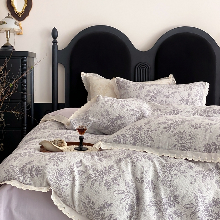 91家纺网 家纺一手货源 找家纺 梦享生活家居2025新款色织全棉双层纱提花四件套 洛莉紫