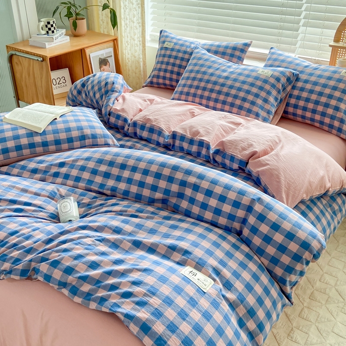 91家纺网 家纺一手货源 找家纺 恋人优选 2025新款A类全棉纯棉水洗棉系列(AB版)四件套 蓝玉格(AB版)