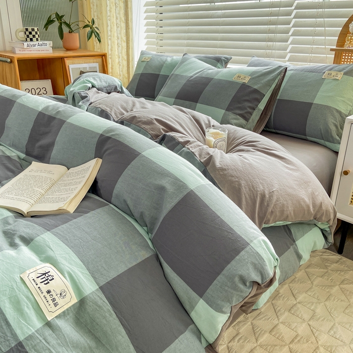 91家纺网 家纺一手货源 找家纺 恋人优选 2025新款A类全棉纯棉水洗棉系列(AB版)四件套 绿灰大格(AB版)