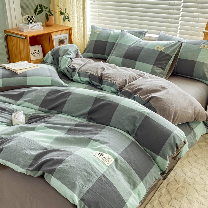 91家纺网 家纺一手货源 找家纺 恋人优选 2025新款A类全棉纯棉水洗棉系列(AB版)四件套 绿灰大格(AB版)