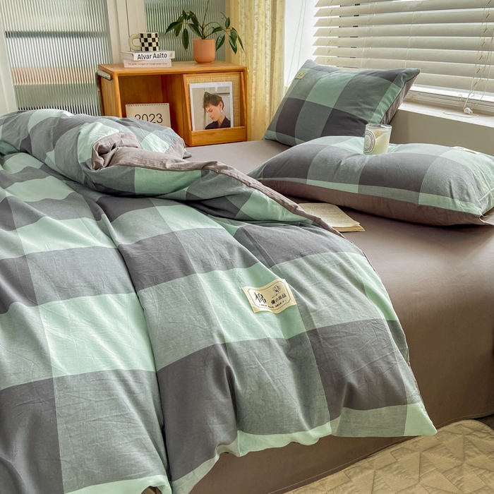 91家纺网 家纺一手货源 找家纺 恋人优选 2025新款A类全棉纯棉水洗棉系列(AB版)四件套 绿灰大格(AB版)