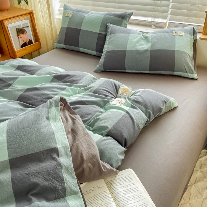 91家纺网 家纺一手货源 找家纺 恋人优选 2025新款A类全棉纯棉水洗棉系列(AB版)四件套 绿灰大格(AB版)