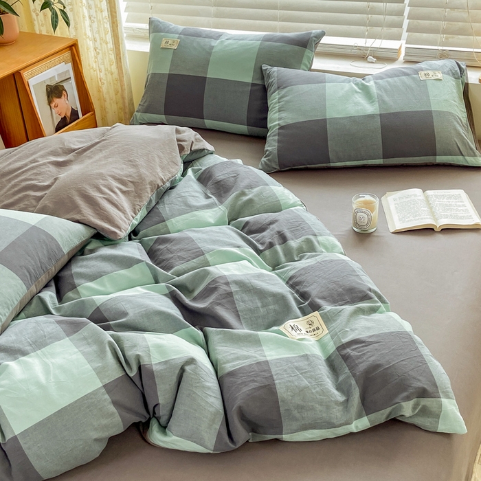 91家纺网 家纺一手货源 找家纺 恋人优选 2025新款A类全棉纯棉水洗棉系列(AB版)四件套 绿灰大格(AB版)