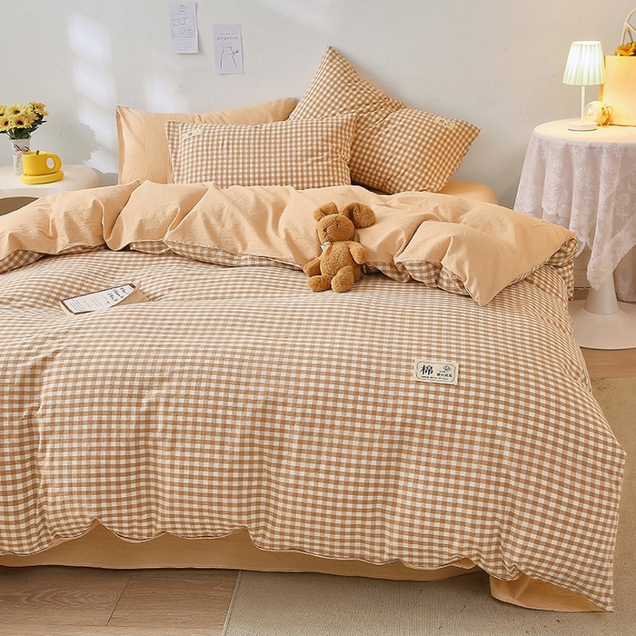 91家纺网 家纺一手货源 找家纺 恋人优选 2025新款A类全棉纯棉水洗棉系列(AB版)四件套 米小格+米色(AB版)