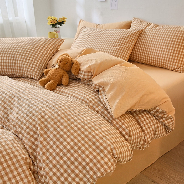 91家纺网 家纺一手货源 找家纺 恋人优选 2025新款A类全棉纯棉水洗棉系列(AB版)四件套 米小格+米色(AB版)