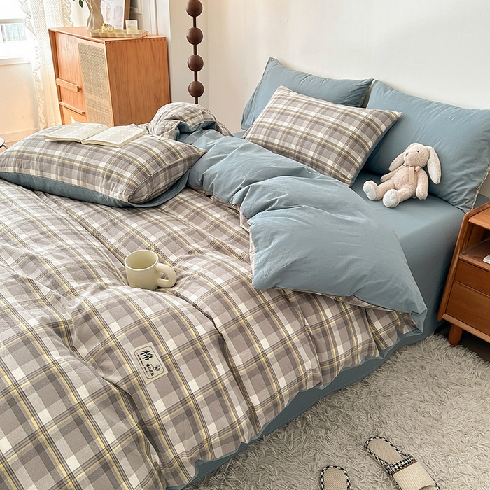 91家纺网 家纺一手货源 找家纺 恋人优选 2025新款A类全棉纯棉水洗棉系列(AB版)四件套 莫妮灰+浅兰(AB版)