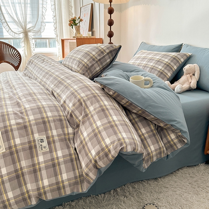 91家纺网 家纺一手货源 找家纺 恋人优选 2025新款A类全棉纯棉水洗棉系列(AB版)四件套 莫妮灰+浅兰(AB版)