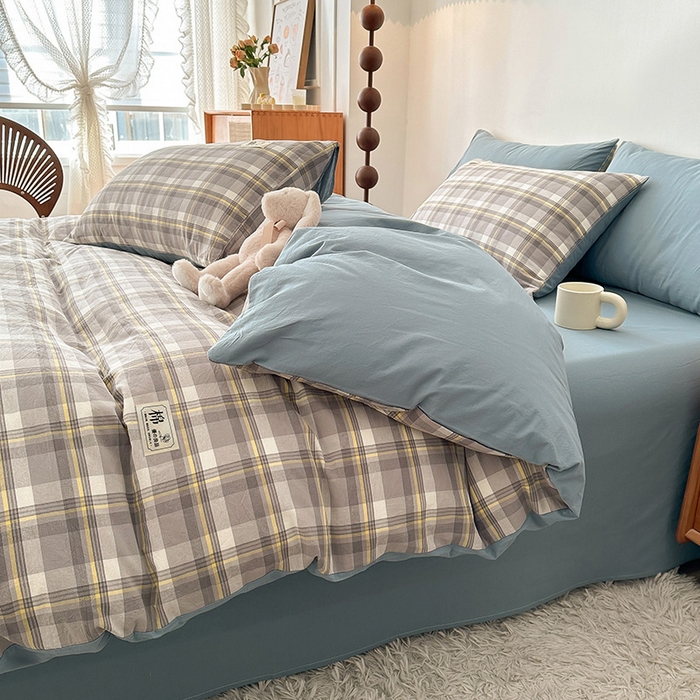 91家纺网 家纺一手货源 找家纺 恋人优选 2025新款A类全棉纯棉水洗棉系列(AB版)四件套 莫妮灰+浅兰(AB版)