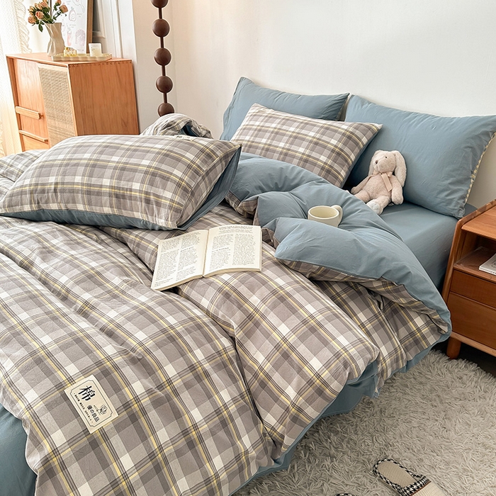 91家纺网 家纺一手货源 找家纺 恋人优选 2025新款A类全棉纯棉水洗棉系列(AB版)四件套 莫妮灰+浅兰(AB版)