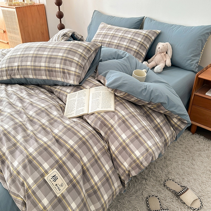 91家纺网 家纺一手货源 找家纺 恋人优选 2025新款A类全棉纯棉水洗棉系列(AB版)四件套 莫妮灰+浅兰(AB版)