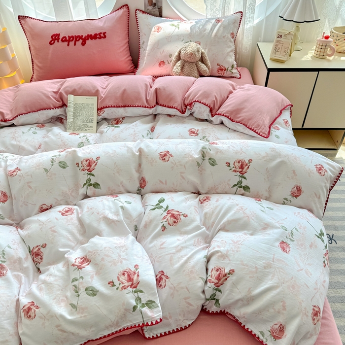 91家纺网 家纺一手货源 找家纺 恋佳居 2026新款A类全棉有氧双层纱印花毛巾绣贝壳边四件套 不止玫瑰