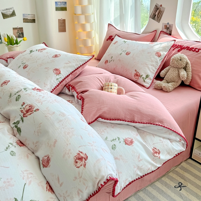 91家纺网 家纺一手货源 找家纺 恋佳居 2026新款A类全棉有氧双层纱印花毛巾绣贝壳边四件套 不止玫瑰