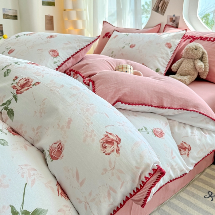 91家纺网 家纺一手货源 找家纺 恋佳居 2026新款A类全棉有氧双层纱印花毛巾绣贝壳边四件套 不止玫瑰