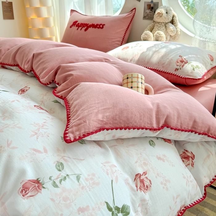 91家纺网 家纺一手货源 找家纺 恋佳居 2026新款A类全棉有氧双层纱印花毛巾绣贝壳边四件套 不止玫瑰