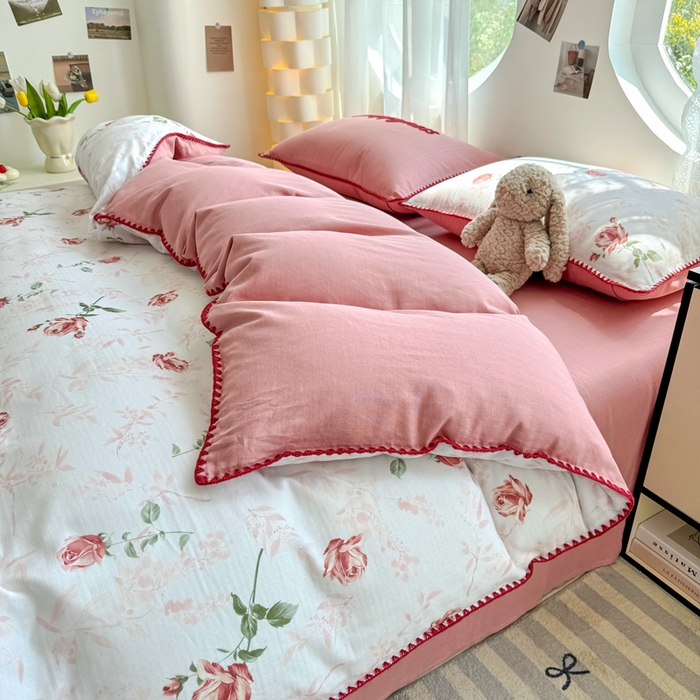 91家纺网 家纺一手货源 找家纺 恋佳居 2026新款A类全棉有氧双层纱印花毛巾绣贝壳边四件套 不止玫瑰