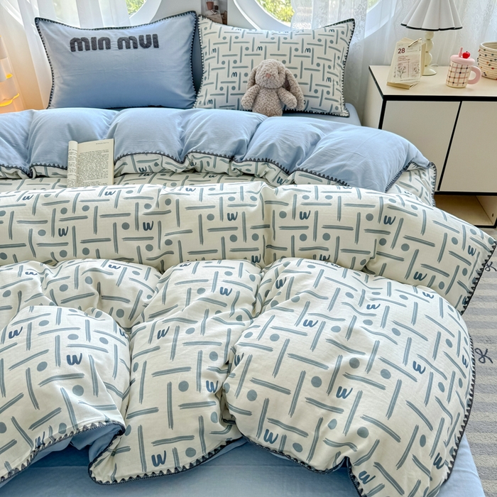 91家纺网 家纺一手货源 找家纺 恋佳居 2026新款A类全棉有氧双层纱印花毛巾绣贝壳边四件套 矿野