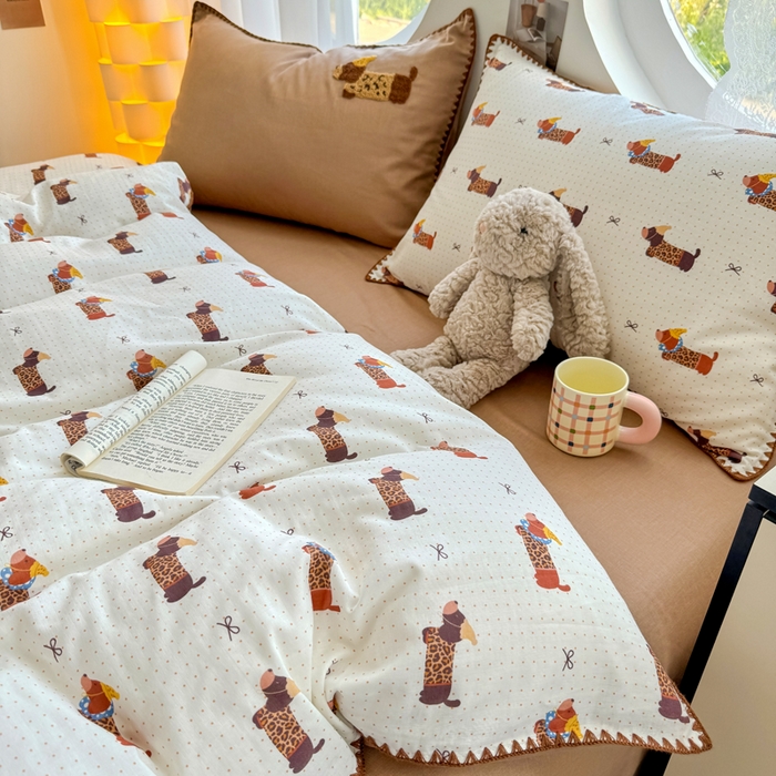 91家纺网 家纺一手货源 找家纺 恋佳居 2026新款A类全棉有氧双层纱印花毛巾绣贝壳边四件套 腊肠部落