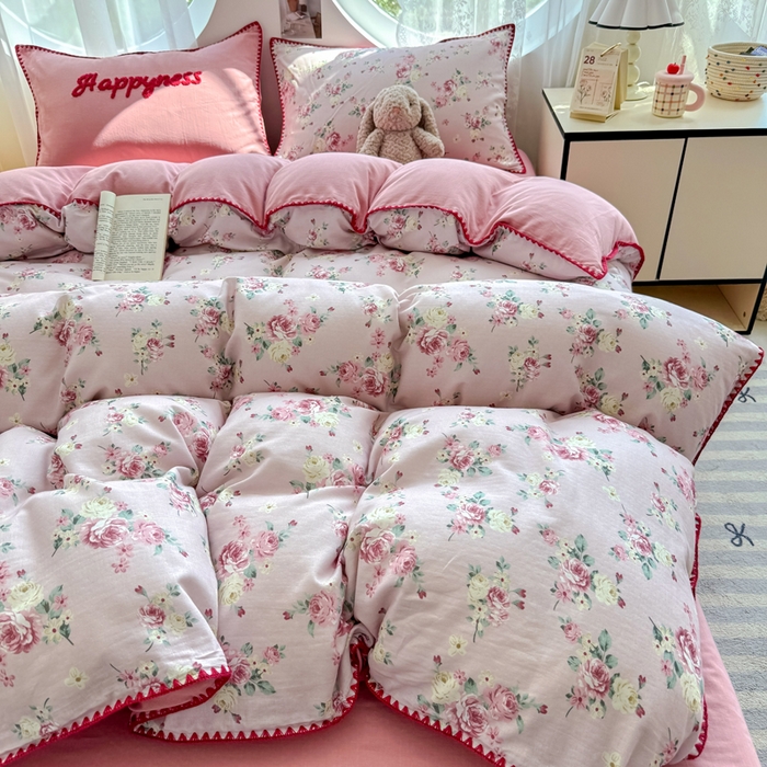 91家纺网 家纺一手货源 找家纺 恋佳居 2026新款A类全棉有氧双层纱印花毛巾绣贝壳边四件套 午后红茶