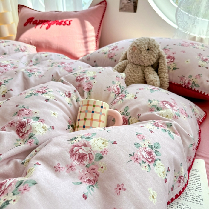 91家纺网 家纺一手货源 找家纺 恋佳居 2026新款A类全棉有氧双层纱印花毛巾绣贝壳边四件套 午后红茶