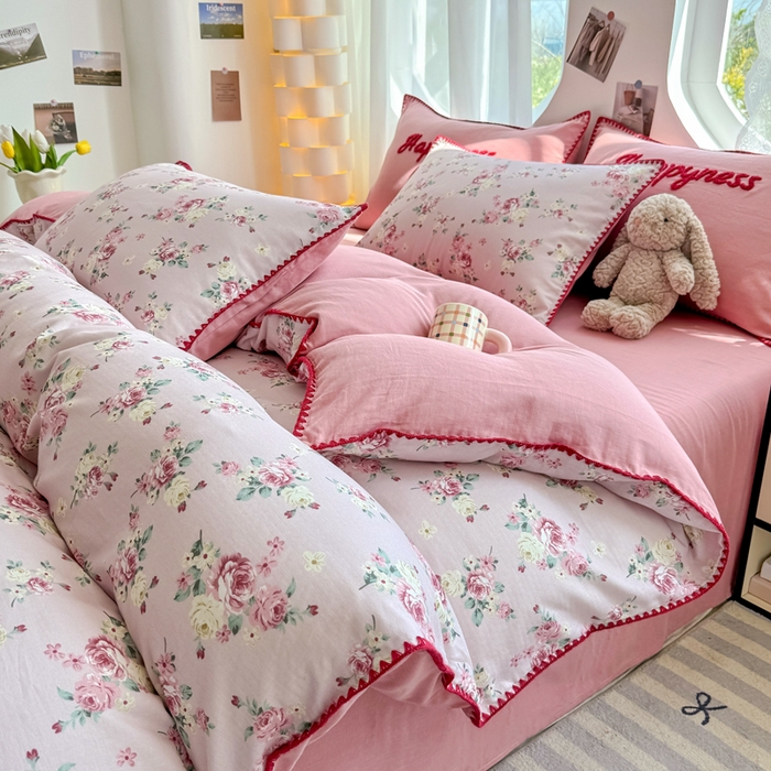 91家纺网 家纺一手货源 找家纺 恋佳居 2026新款A类全棉有氧双层纱印花毛巾绣贝壳边四件套 午后红茶