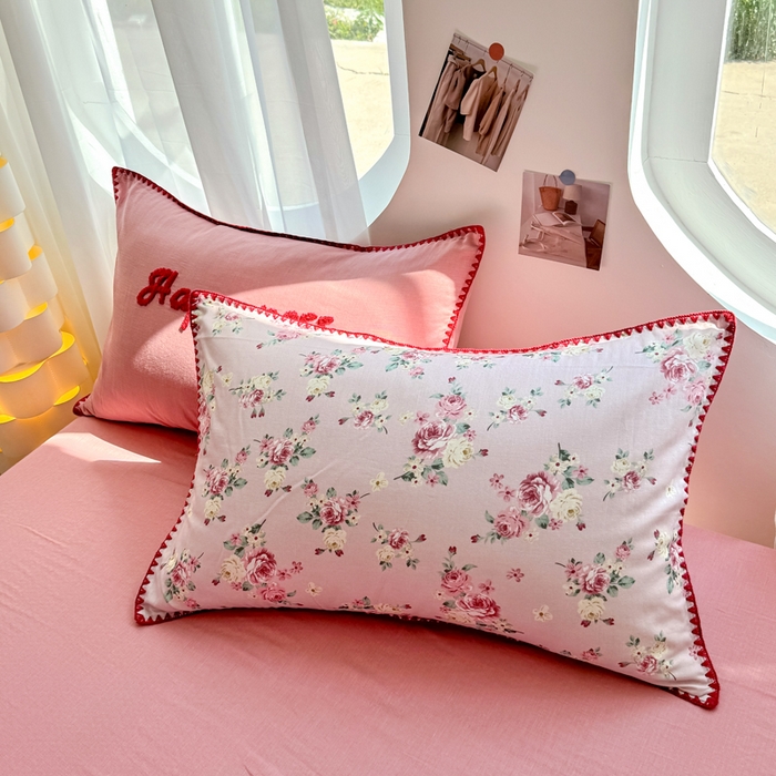 91家纺网 家纺一手货源 找家纺 恋佳居 2026新款A类全棉有氧双层纱印花毛巾绣贝壳边四件套 午后红茶