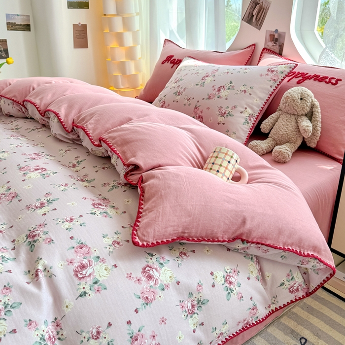 91家纺网 家纺一手货源 找家纺 恋佳居 2026新款A类全棉有氧双层纱印花毛巾绣贝壳边四件套 午后红茶