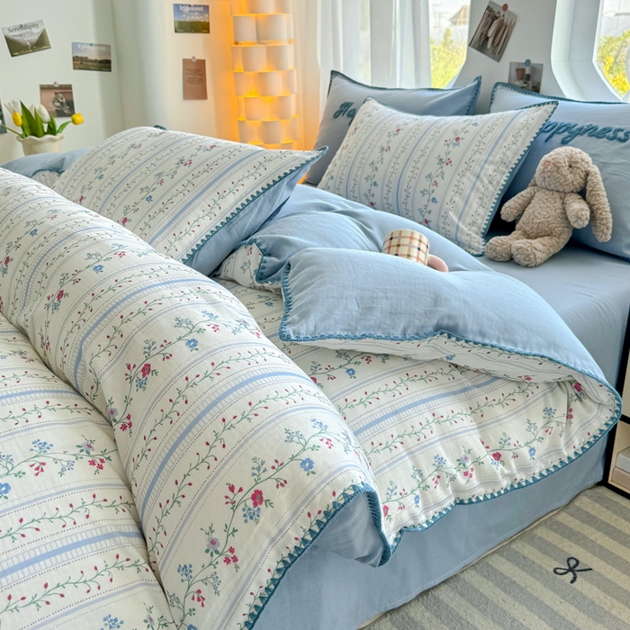 91家纺网 家纺一手货源 找家纺 恋佳居 2026新款A类全棉有氧双层纱印花毛巾绣贝壳边四件套 小岛游春