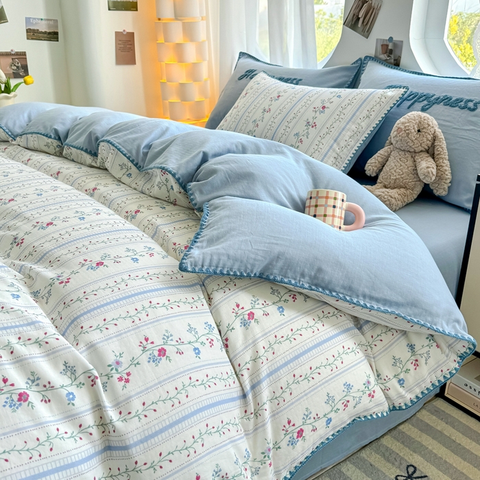 91家纺网 家纺一手货源 找家纺 恋佳居 2026新款A类全棉有氧双层纱印花毛巾绣贝壳边四件套 小岛游春