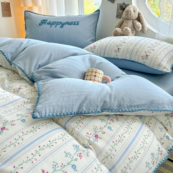 91家纺网 家纺一手货源 找家纺 恋佳居 2026新款A类全棉有氧双层纱印花毛巾绣贝壳边四件套 小岛游春