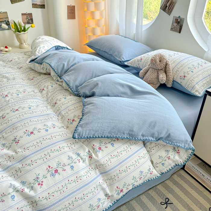 91家纺网 家纺一手货源 找家纺 恋佳居 2026新款A类全棉有氧双层纱印花毛巾绣贝壳边四件套 小岛游春