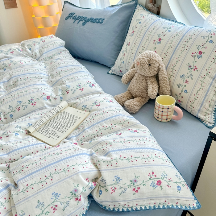 91家纺网 家纺一手货源 找家纺 恋佳居 2026新款A类全棉有氧双层纱印花毛巾绣贝壳边四件套 小岛游春