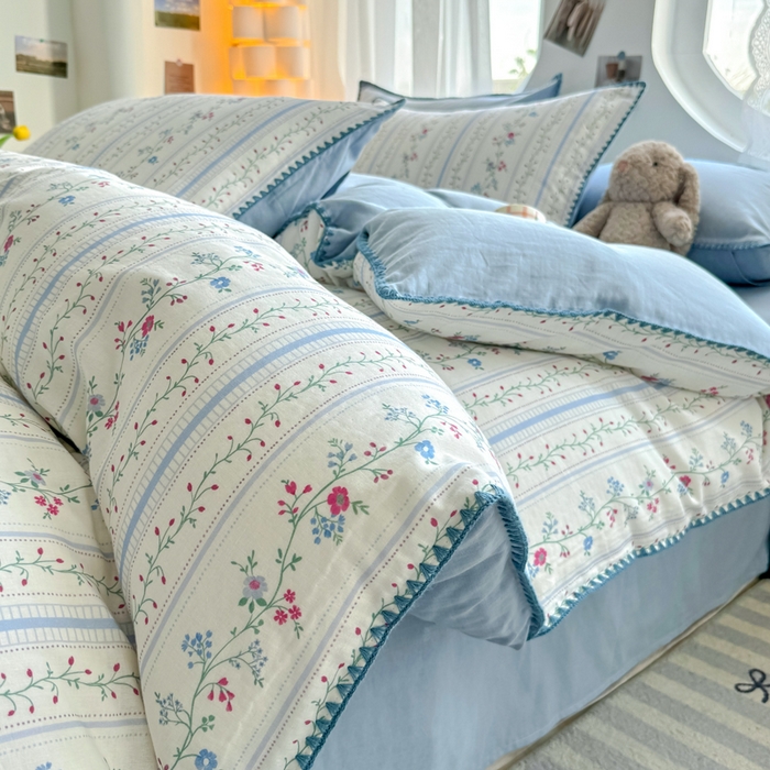 91家纺网 家纺一手货源 找家纺 恋佳居 2026新款A类全棉有氧双层纱印花毛巾绣贝壳边四件套 小岛游春