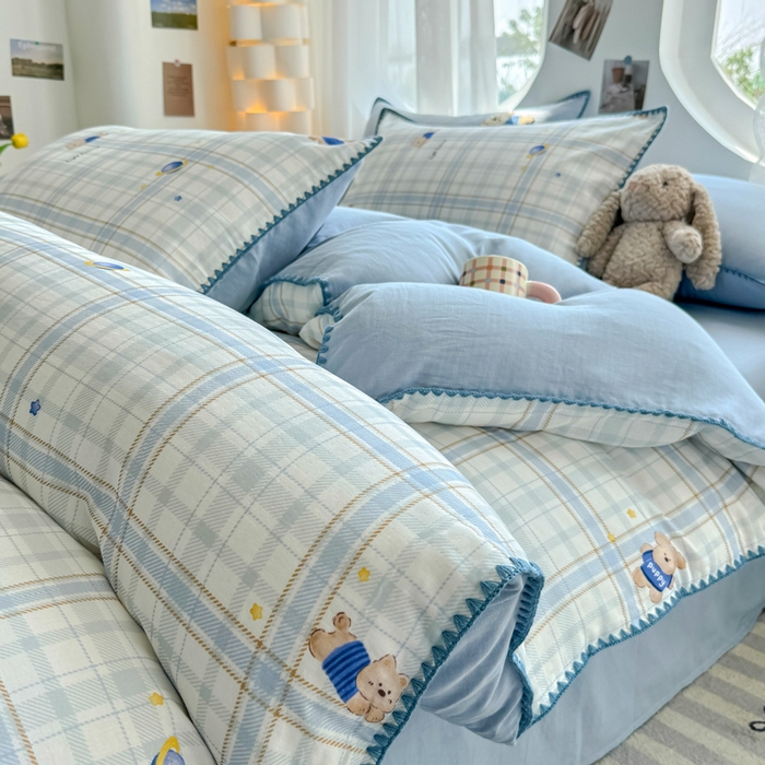 91家纺网 家纺一手货源 找家纺 恋佳居 2026新款A类全棉有氧双层纱印花毛巾绣贝壳边四件套 星光苏打