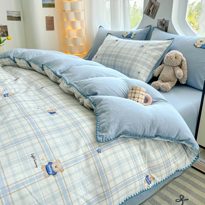 91家纺网 家纺一手货源 找家纺 恋佳居 2026新款A类全棉有氧双层纱印花毛巾绣贝壳边四件套 星光苏打