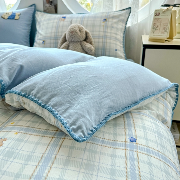 91家纺网 家纺一手货源 找家纺 恋佳居 2026新款A类全棉有氧双层纱印花毛巾绣贝壳边四件套 星光苏打