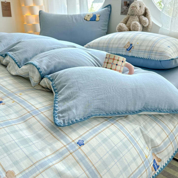 91家纺网 家纺一手货源 找家纺 恋佳居 2026新款A类全棉有氧双层纱印花毛巾绣贝壳边四件套 星光苏打