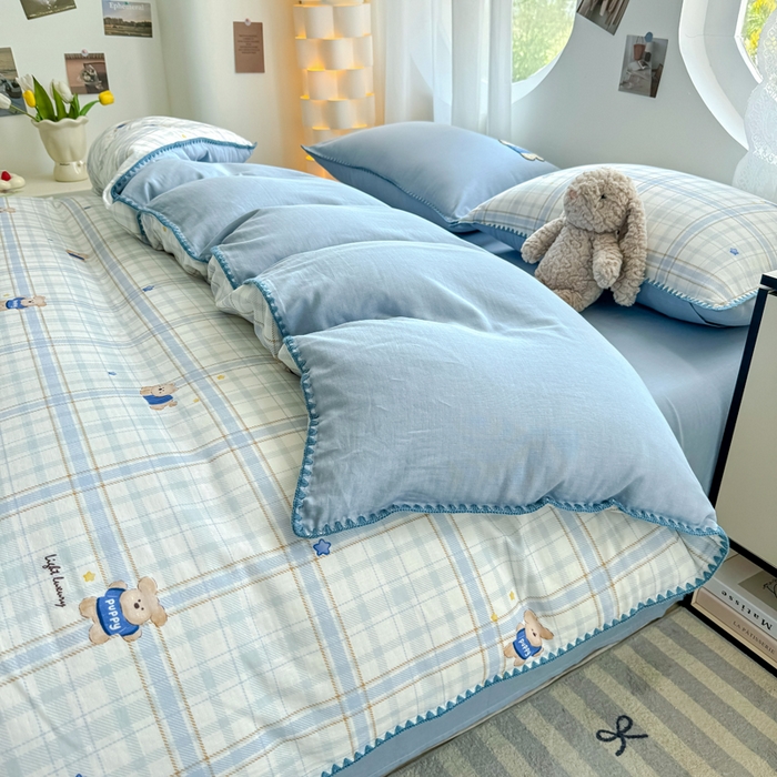 91家纺网 家纺一手货源 找家纺 恋佳居 2026新款A类全棉有氧双层纱印花毛巾绣贝壳边四件套 星光苏打