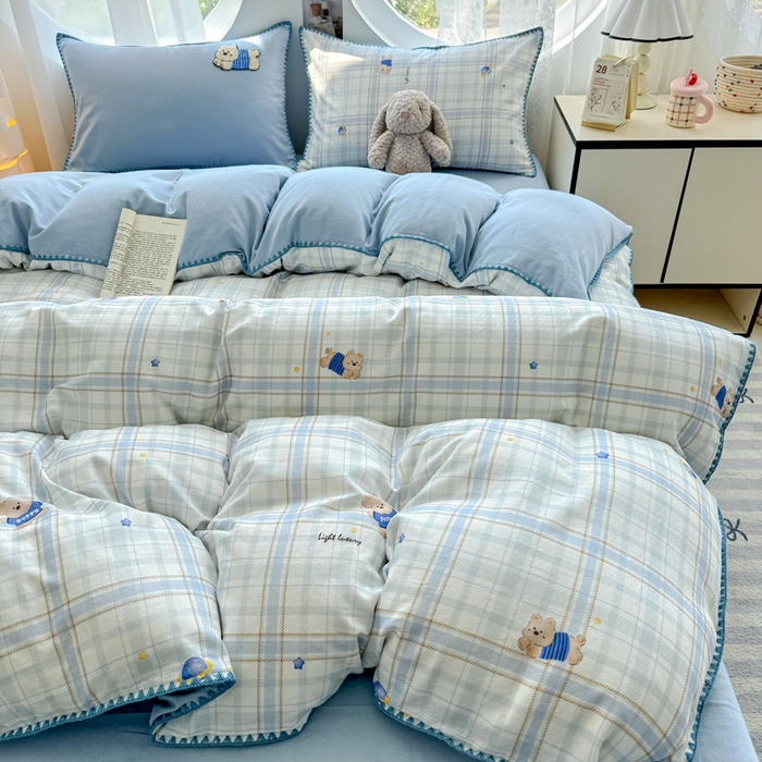 91家纺网 家纺一手货源 找家纺 恋佳居 2026新款A类全棉有氧双层纱印花毛巾绣贝壳边四件套 星光苏打