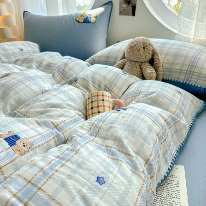 91家纺网 家纺一手货源 找家纺 恋佳居 2026新款A类全棉有氧双层纱印花毛巾绣贝壳边四件套 星光苏打