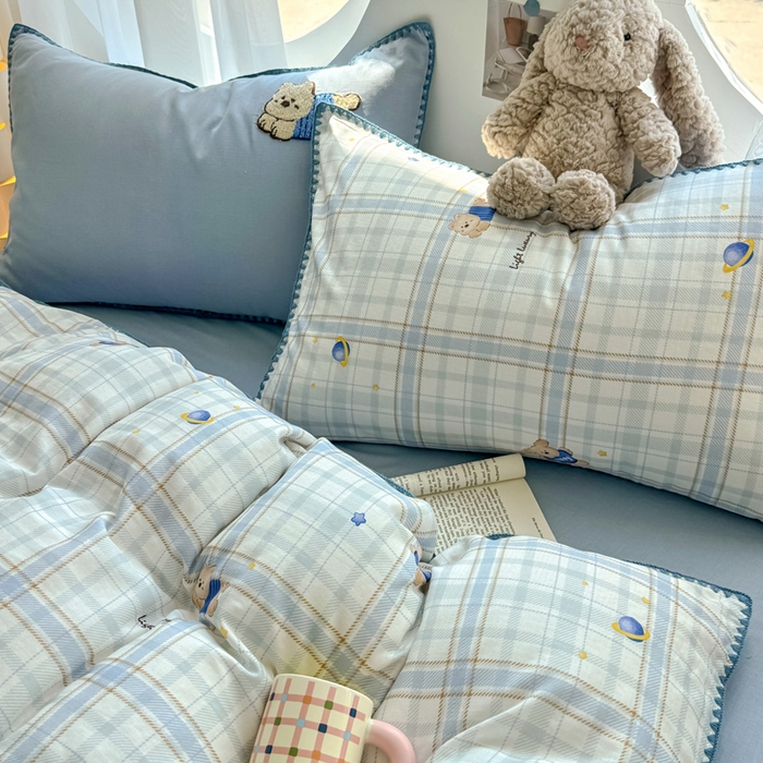 91家纺网 家纺一手货源 找家纺 恋佳居 2026新款A类全棉有氧双层纱印花毛巾绣贝壳边四件套 星光苏打