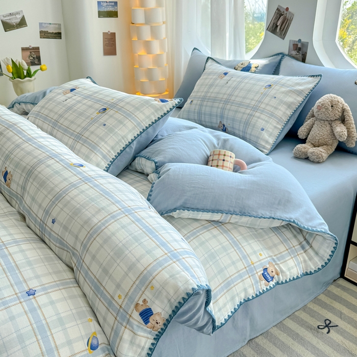 91家纺网 家纺一手货源 找家纺 恋佳居 2026新款A类全棉有氧双层纱印花毛巾绣贝壳边四件套 星光苏打