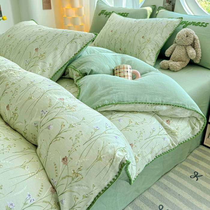 91家纺网 家纺一手货源 找家纺 恋佳居 2026新款A类全棉有氧双层纱印花毛巾绣贝壳边四件套 旖阁