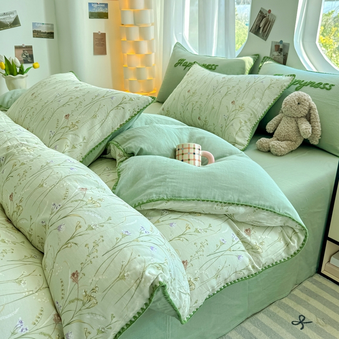 91家纺网 家纺一手货源 找家纺 恋佳居 2026新款A类全棉有氧双层纱印花毛巾绣贝壳边四件套 旖阁