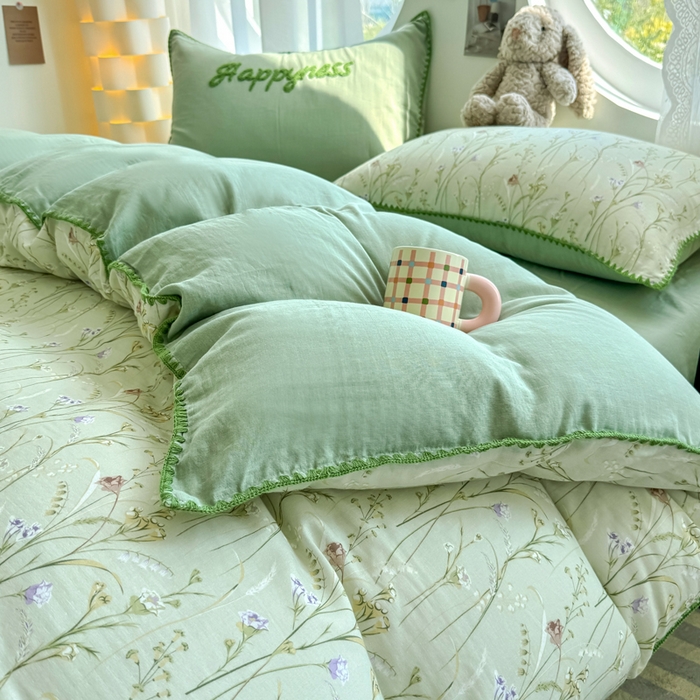 91家纺网 家纺一手货源 找家纺 恋佳居 2026新款A类全棉有氧双层纱印花毛巾绣贝壳边四件套 旖阁