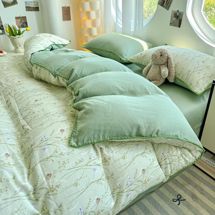 91家纺网 家纺一手货源 找家纺 恋佳居 2026新款A类全棉有氧双层纱印花毛巾绣贝壳边四件套 旖阁