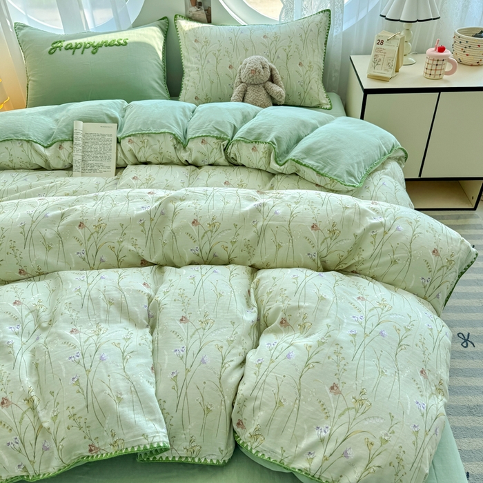 91家纺网 家纺一手货源 找家纺 恋佳居 2026新款A类全棉有氧双层纱印花毛巾绣贝壳边四件套 旖阁