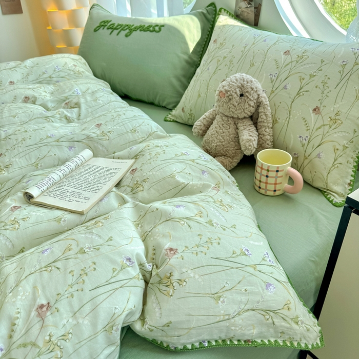 91家纺网 家纺一手货源 找家纺 恋佳居 2026新款A类全棉有氧双层纱印花毛巾绣贝壳边四件套 旖阁