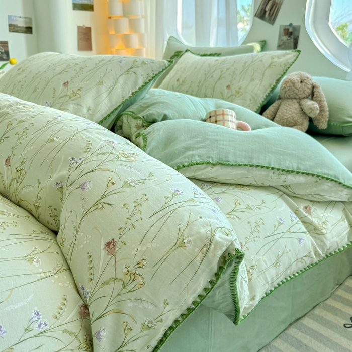 91家纺网 家纺一手货源 找家纺 恋佳居 2026新款A类全棉有氧双层纱印花毛巾绣贝壳边四件套 旖阁