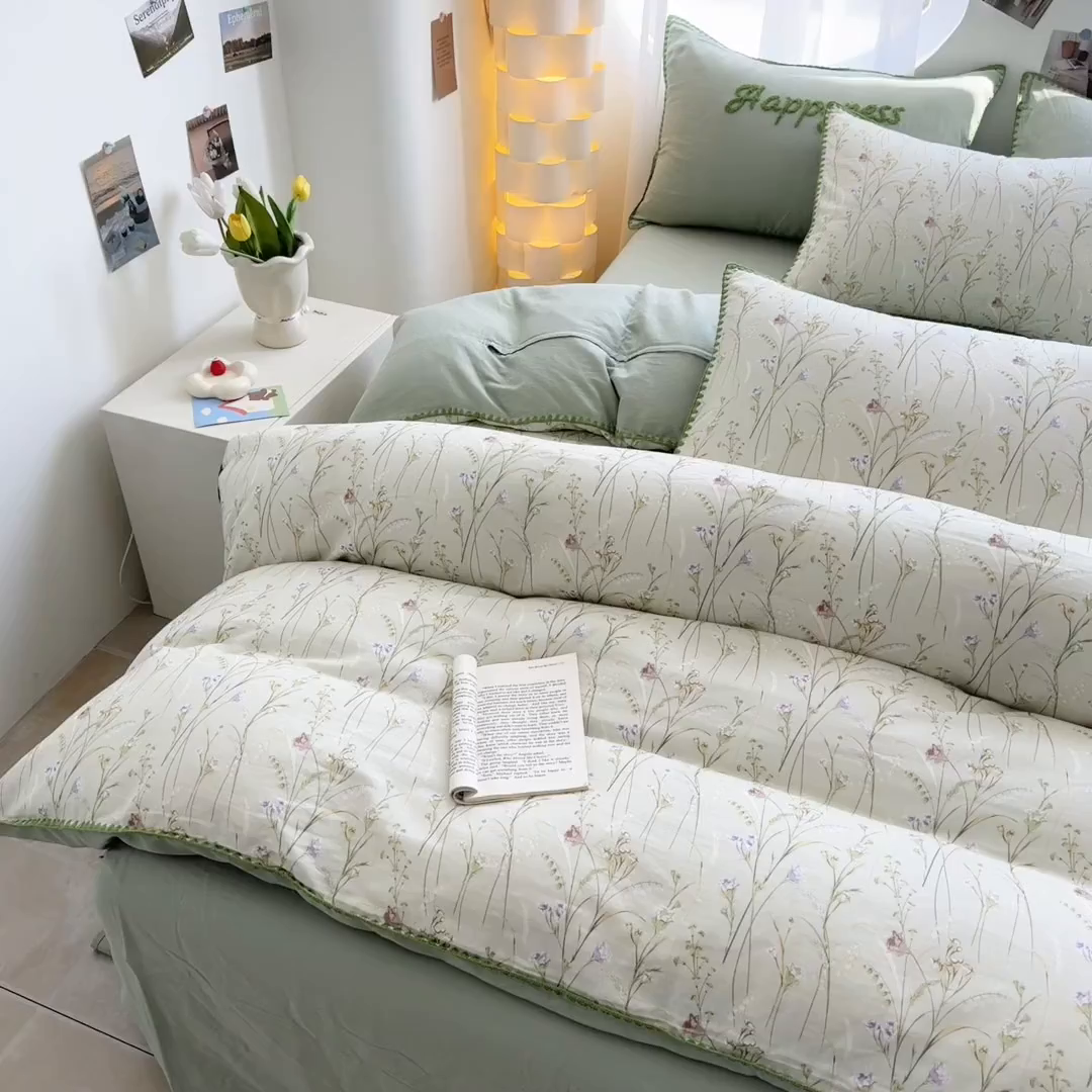 91家纺网 家纺一手货源 找家纺 恋佳居 2026新款A类全棉有氧双层纱印花毛巾绣贝壳边四件套 旖阁